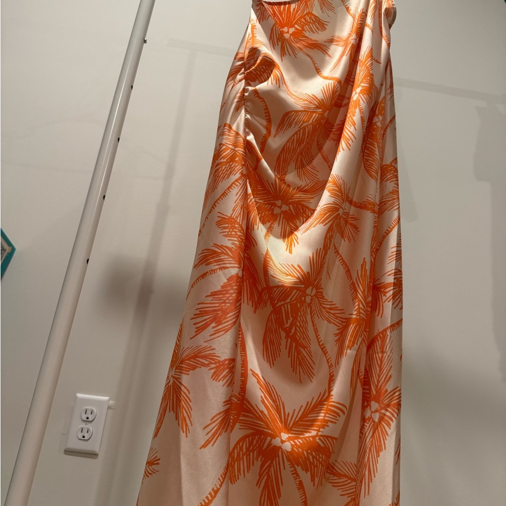 One-Shoulder Orange Palm Print Dress - Picture 2 of 5